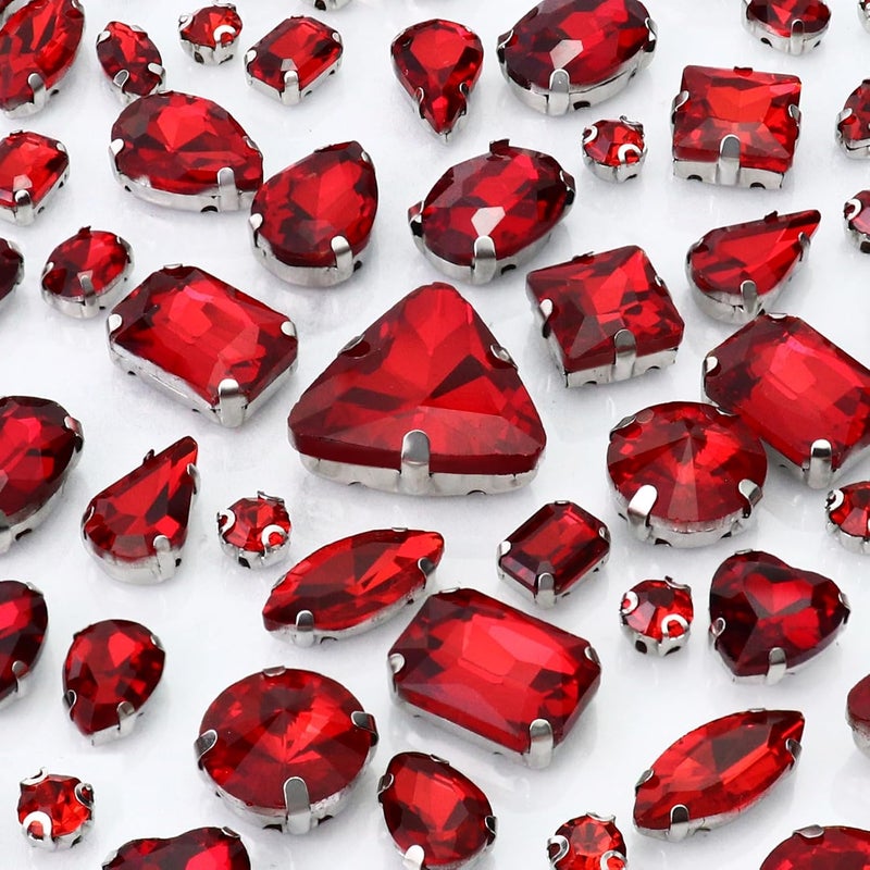 Dowarm Sew on Rhinestones 104 PCS Mixed Shapes Glass Sew on Crystals for Crafts Metal Flatback Claw Gemstones for Jewelry Making Costumes Clothes Garment, Red - Image 1